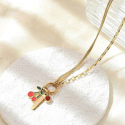 304 Stainless Steel Red Enamel and Siam Rhinestone Cherry Pendant Necklaces for Women NJEW-M091-02G-1