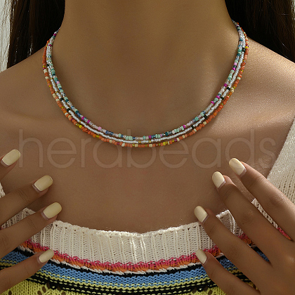 3Pcs Bohemian Round Rainbow Glass Seed Beaded 3 Layer Necklaces for Women DY1745-1