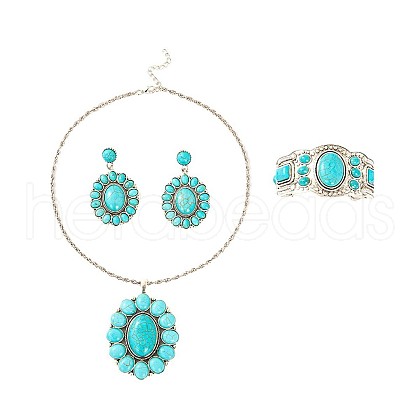 Oval Synthetic Turquoise Stud Earrings & Pendant Necklaces & Cuff Bangles FS-WG87EC0-02-1