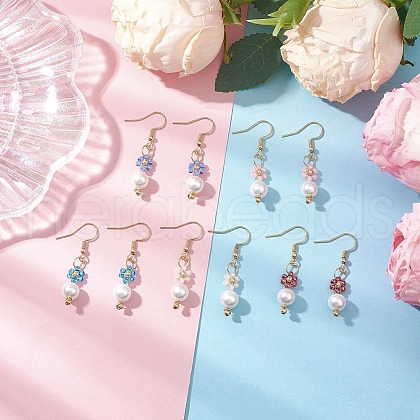Brass Glass Flower with Round Dangle Earrings EJEW-MZ00441-1