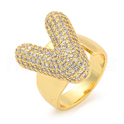 Brass Micro Pave Clear Cubic Zirconia Letter Open Cuff Ring for Women RJEW-M173-01G-V-1