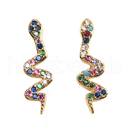 Left and Right Rack Plating Brass Snake Stud Earrings with Cubic Zirconia EJEW-D061-62G-1