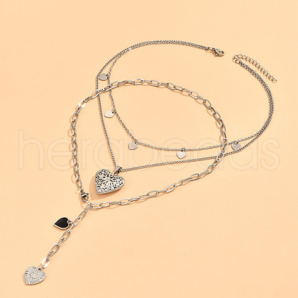 2Pcs Heart Brass Black Enamel Pendant 3 Layer Necklaces for Women FS-WGFF7B3-01-1