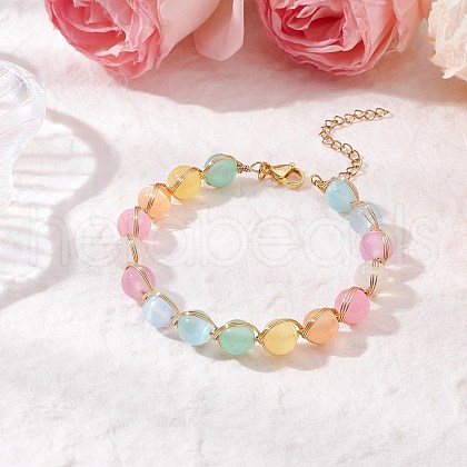 Round Natural Dyed Selenite Bead Bracelets BJEW-TA00592-1