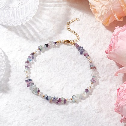 Natural Fluorite Chip & Glass Beaded Anklets AJEW-AN00682-04-1