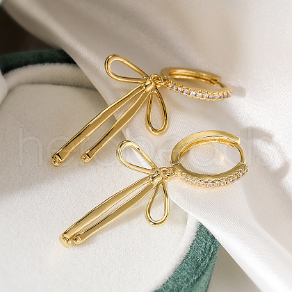 Bowknot Brass Micro Pave Clear Cubic Zirconia Hoop Earrings for Women EJEW-A110-02G-1