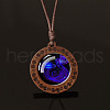 Flat Round with Twelve Constellations Blue Glass & Wood Pendant Waxed Leather Cord Necklace for Women Men WG486C3-11-1