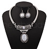 Oval Synthetic Turquoise Pendant Necklaces & Dangle Earrings Sets. Alloy Jewelry Sets FS-WGD3387-03-2