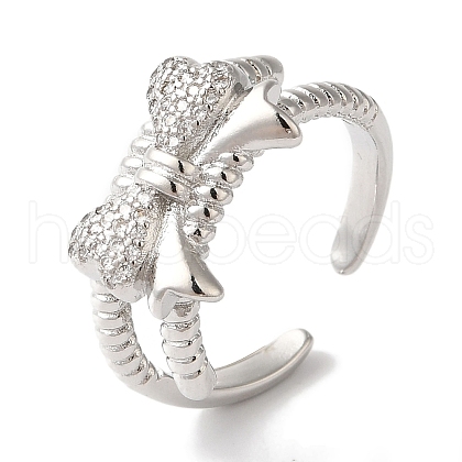 Bowknot Brass Micro Pave Clear Cubic Zirconia Open Cuff Rings for Women RJEW-C098-02P-1