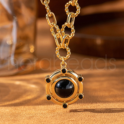 Retro Brass Pave Dyed Natural Agate Flat Round Pendant Necklaces for Women FS-WGEAC5C-03-1