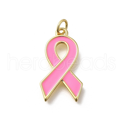 October Breast Cancer Pink Awareness Ribbon Brass Enamel Pendants KK-S517-04F-G-1