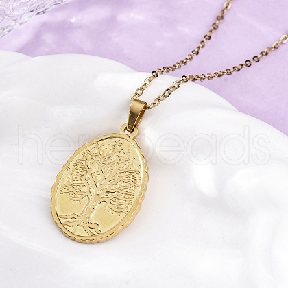 Oval Tree of Life 304 Stainless Steel Pendant Necklaces NJEW-M096-10G-1