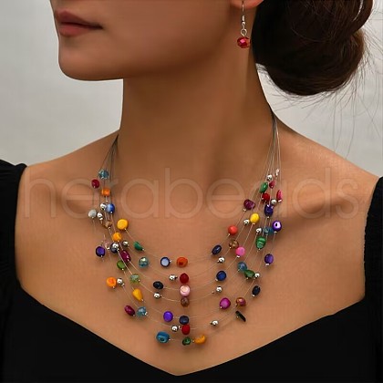Bohemian Style Alloy & Shell Flat Round Beaded Multilayer Necklaces & Dangle Earrings Sets FS-WGABD8B-01-1