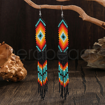 Geometric Glass Bead Tassel Dangle Earrings HM7356-1