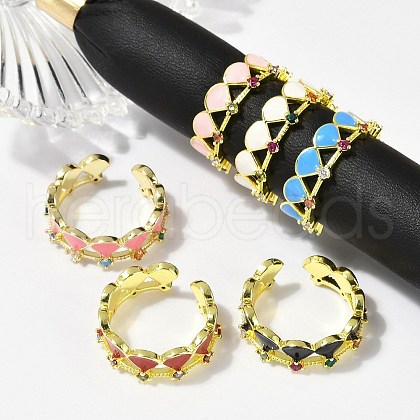 Brass Micro Pave Cubic Zirconia Enamel Cuff Rings for Women RJEW-L113-029G-1