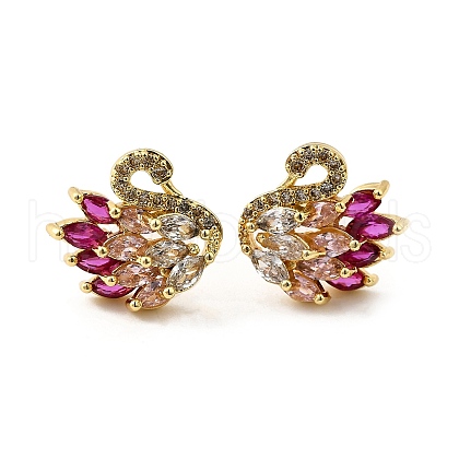 Swan Shape Rack Plating Brass Micro Pave Cubic Zirconia Stud Earrings KK-E084-42G-1