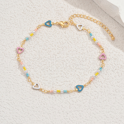 Bohemian Style Brass Enamel Heart & Porcelain Colorful Beaded Anklets for Women Vacation Beach DX4433-1