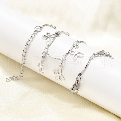 304 Stainless Steel Textured Link Bar Butterfly Charm Tassel Necklaces NJEW-R023-03P-1