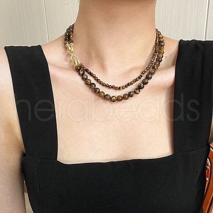 Natural Tiger Eye Round Beaded Double Layer Necklaces FS-WG27A05-01-1