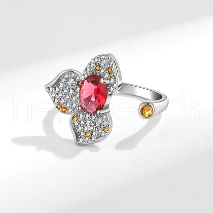 Flower Brass Micro Pave Clear Cubic Zirconia Adjustable Cuff Rings for Women FS-WG34798-02-1