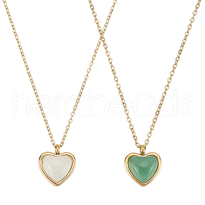 ANATTASOUL 2Pcs 2 Colors Dyed Natural Agate Heart Pendant Necklaces Set with Stainless Steel Cable Chains NJEW-AN0001-71-1