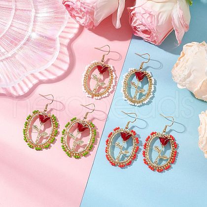 Valentine's Day Alloy Enamel Seed Glass Dangle Earrings EJEW-MZ00391-1