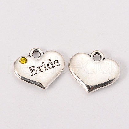 Wedding Theme Antique Silver Tone Tibetan Style Heart with Bride Rhinestone Charms TIBEP-N005-12B-1