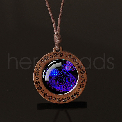 Flat Round with Twelve Constellations Blue Glass & Wood Pendant Waxed Leather Cord Necklace for Women Men WG486C3-11-1