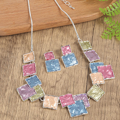 Square Zinc Alloy Enamel Pendant Necklace & Stud Dangle Earring FS-WG2E030-10-1