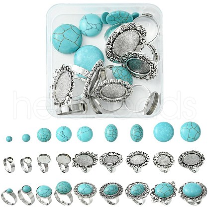 DIY Adjustable Oval/Half Round Synthetic Turquoise & Stainless Steel & Iron Finger Rings Making Kits DIY-FS0006-13-1