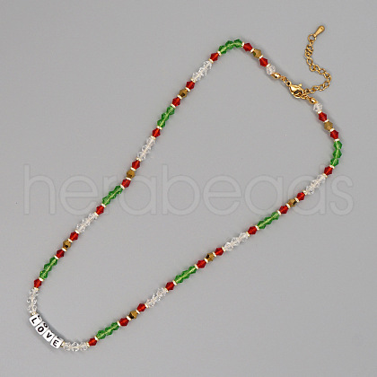 Christmas Theme Glass & Imitation Pearl & Brass LOVE Bicone Beaded Necklaces GF3195-10-1