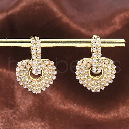 Rack Plating Brass Heart Dangle Hoop Earrings with ABS Imitation Pearl Beaded EJEW-R152-06G-1