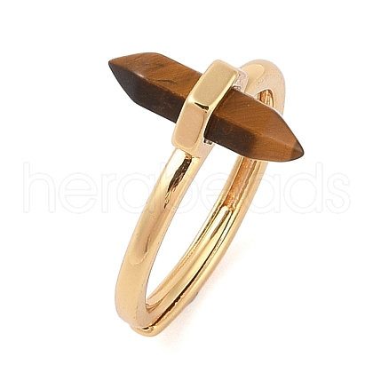 Double Pointed Hexagonal Prism Natural Tiger Eye Adjustable Rings for Women RJEW-G327-01G-12-1