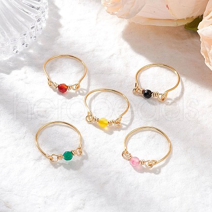 5Pcs Eco-Friendly Copper Wire Wrapped Natural Agate & Sodalite & Fire Crackle Agate Finger Rings RJEW-JR00886-1