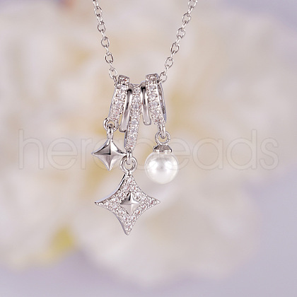 Brass Micro Pave Clear Cubic Zirconia Star and Imitation Pearl Pendant Necklaces for Women FS-WGAADF6-04-1