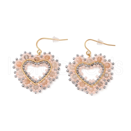 Natural Gemstone and Heart Glass Seed Beaded Dangle Earrings STAS-U017-03G-03-1