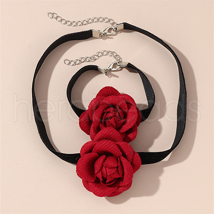 Rose Alloy with Polyester Choker Necklace & Bracelet Sets FS-WG57C00-03-1