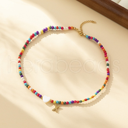 Heart Natural Shell & Colorful Glass Seed Round Beaded Necklaces FS-WGE10D5-23-1