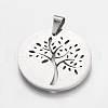 Non-Tarnish Trendy Flat Round with Tree Necklace Findings 304 Stainless Steel Textured Pendants STAS-L012-D09P-2