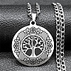 Stainless Steel Flat Round with Tree of Life Pendant Twisted Chain Necklace for Women PW-WG3FDD3-01-1
