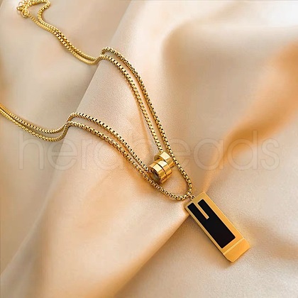 Rectangle & 3 Ring Stainless Steel Pendant Double Layer Necklaces for Women FS-WG0A6F5-01-1
