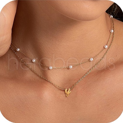 2Pcs 304 Stainless Steel & White Plastic Imitation Pearl Letter Pendant Double Layer Necklaces FS-WG86091-25-1