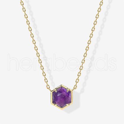 Brass Pave Natural Amethyst Hexagon Pendant Necklaces for Women FS-WG13B5A-03-1