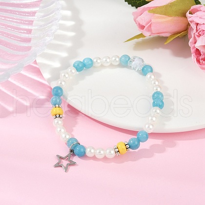 Dyed Round Natural Malaysia Jade with ABS Plastic Pearl Beaded Stretch Bracelets for Women BJEW-JB11643-01-1