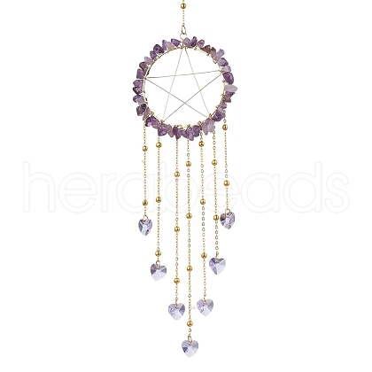 Wire Wrapped Natural Amethyst Chips Ring Hanging Ornaments HJEW-JM02371-06-1