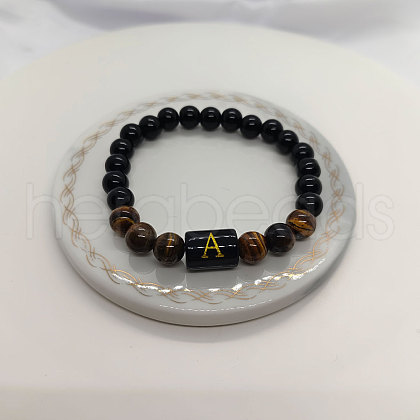 Natural Tiger Eye & Black Obsidian Round Beaded Stretch Braceletes WG32BD9-01-1