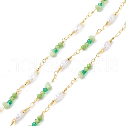 Brass Glass Bead Link Chains with ABS Imitation Pearl Beads CHS-P016-39G-02-1