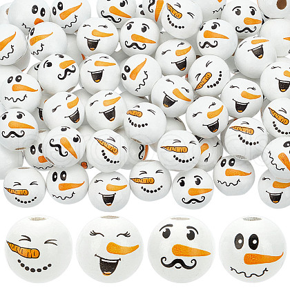   80Pcs 4 Styles Snowman Theme Printed Wood European Beads WOOD-PH0003-04A-1