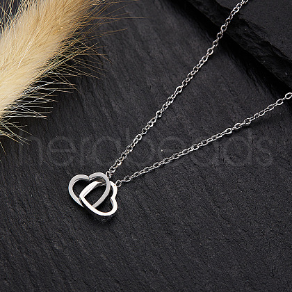 304 Stainless Steel Interlocking Double Heart Pendant Necklaces for Women FS-WG0D883-03-1