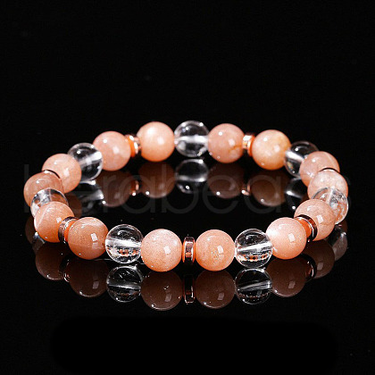 Natural Sunstone & Quartz Crystal Round Beads Stretch Bracelets WGD3ECB-08-1